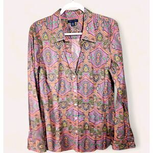 Tommy Hilfiger Shirt Blouse Pink Paisley Button Up V Neck Career Womens Large